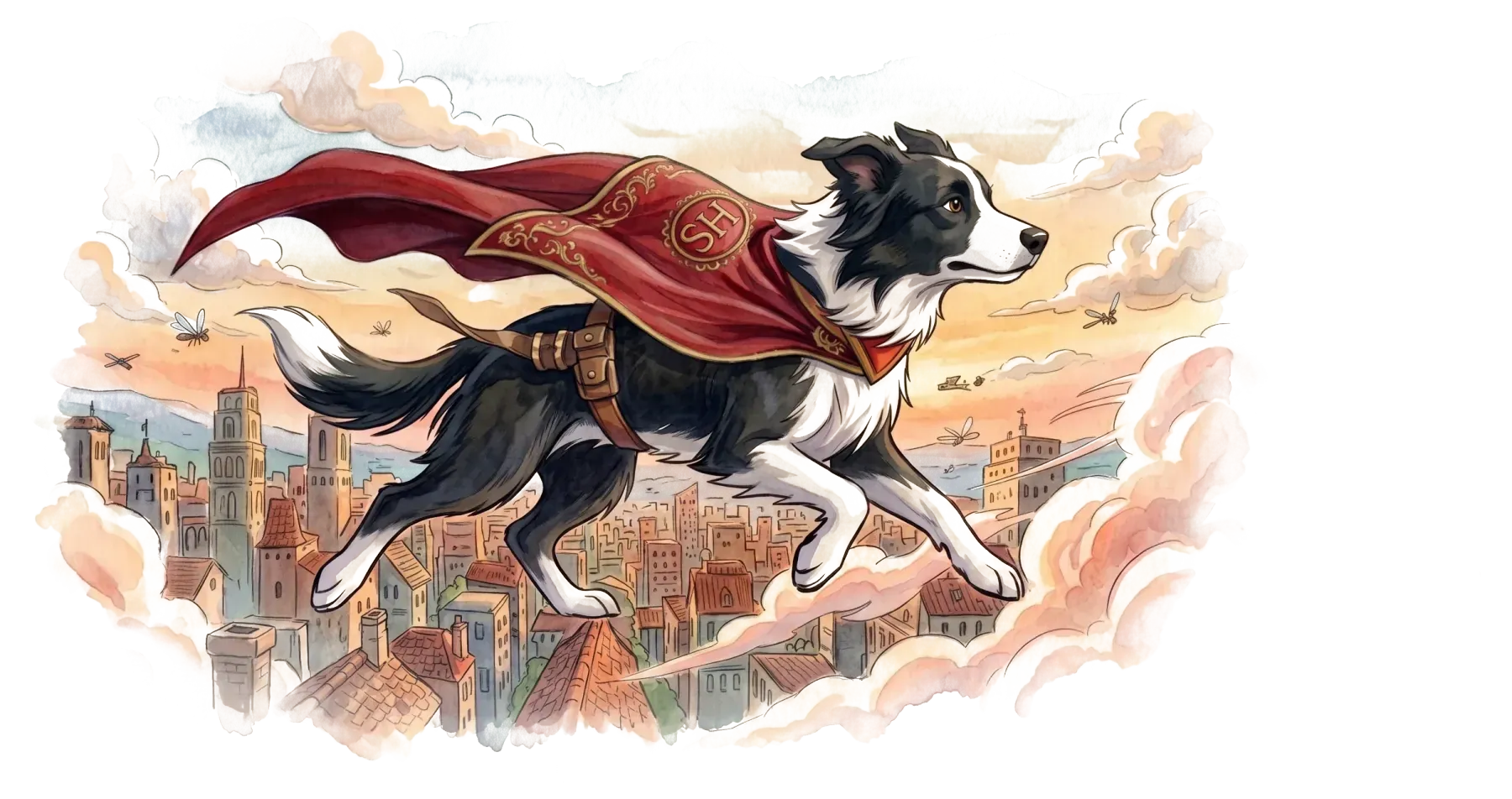 Aquarelillustratie van Blue, een zwart-witte bordercollie met een rode SH-cape, vliegend boven de daken van een stad.